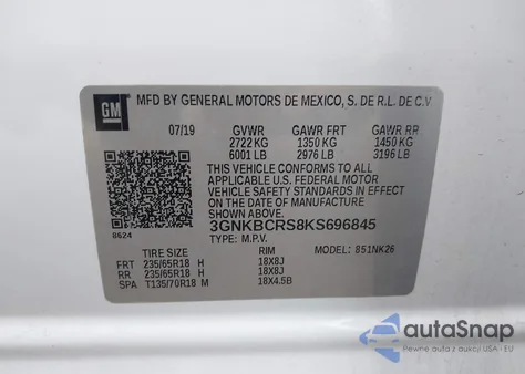 2019 Chevrolet Blazer из США, поврежденный, VIN 3GNKBCRS8KS696845